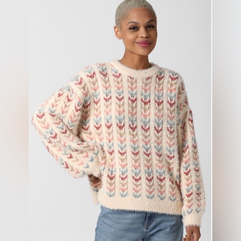 Forever 21 Cream & Red Chevron Rainbow Print Crew Neck Sweater Relaxed Fit